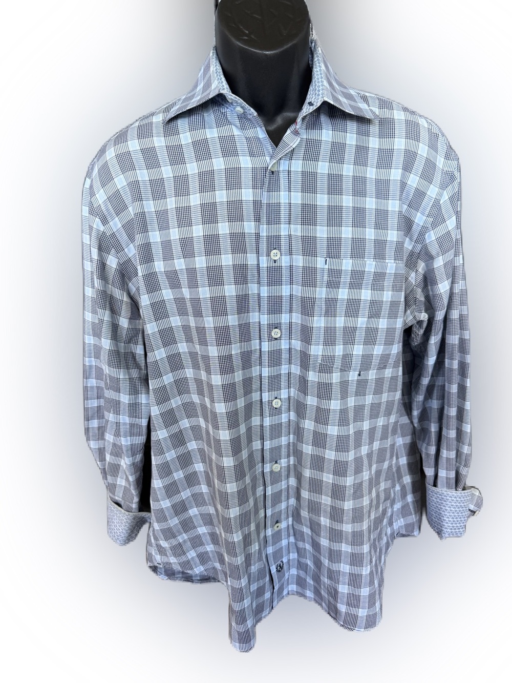 Bugatchi Uomo Men’s Long Sleeve Blue Plaid Shirt. Size Large
